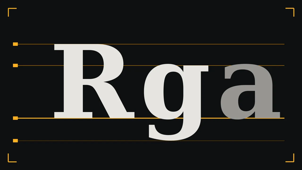 The letters R, g and a set large in cream and grey on a carbon ground, with thin amber guide lines marking the cap height, x-height, baseline and descender, and amber viewfinder corners in the frame