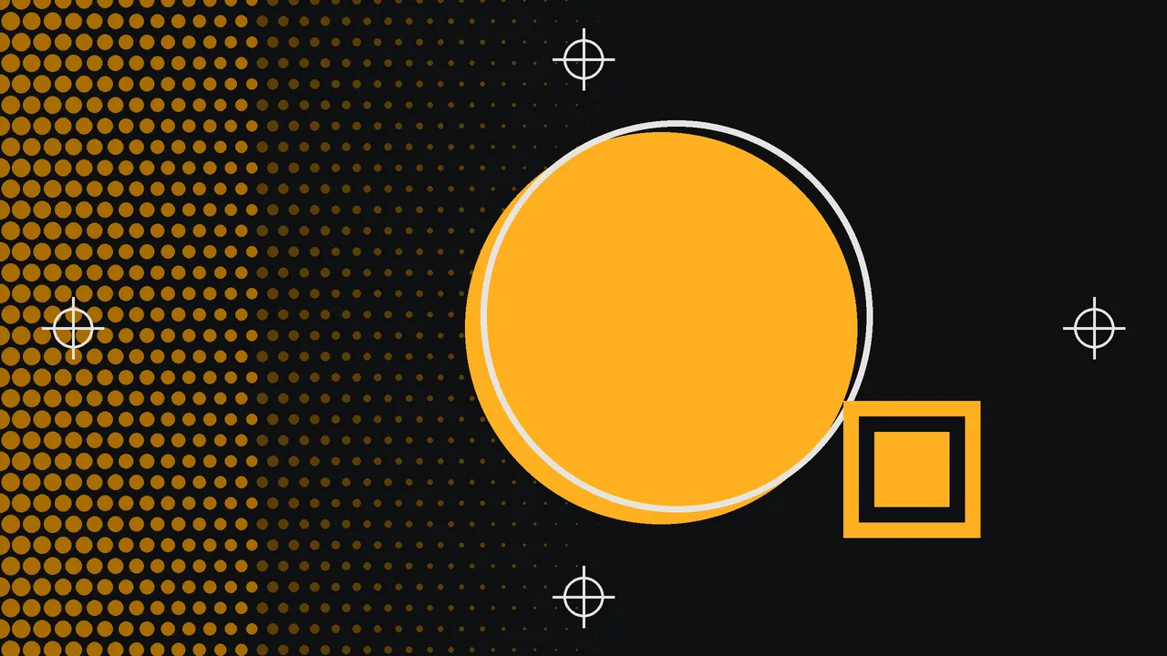 A solid amber circle with a cream outline circle printed slightly out of register, a halftone dot field fading across the left side, nested squares and four registration marks on a carbon ground