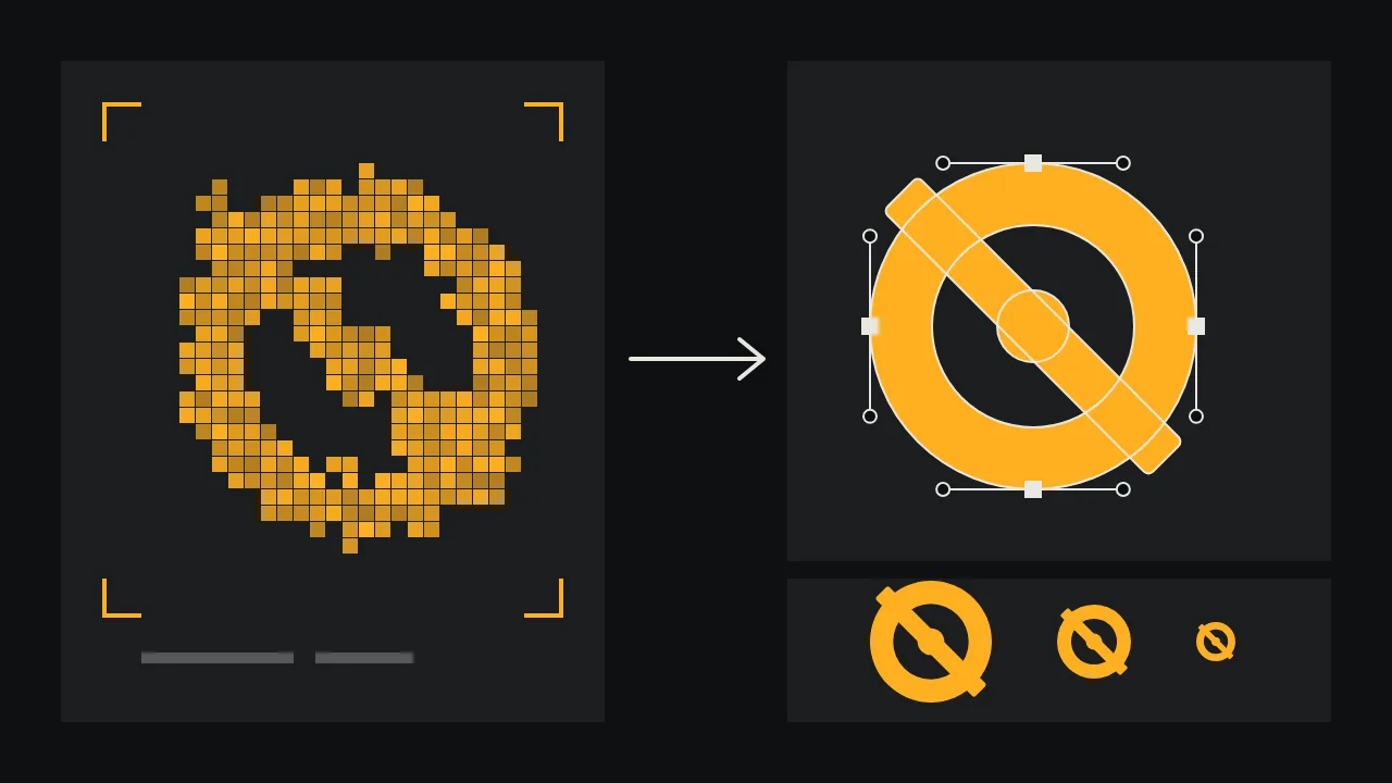 On a carbon ground, a rough amber shape built from square pixels sits on the left, an arrow points to the same shape redrawn as a smooth amber outline with white anchor points and handles, and three copies shrink in size along the bottom right