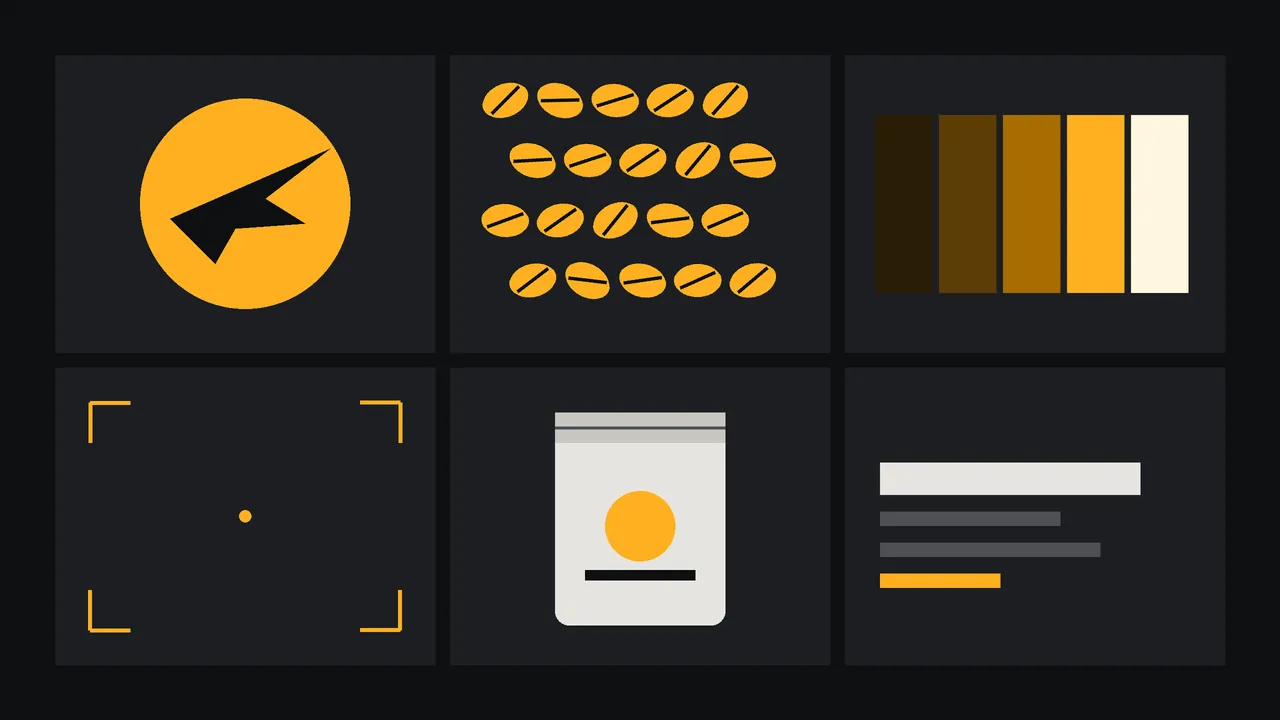 Six tiles on a carbon ground: an amber circle mark with a bird shape, a pattern of coffee beans, a strip of five amber tones, an empty frame with viewfinder corners, a cream paper bag and a few lines of text drawn as bars