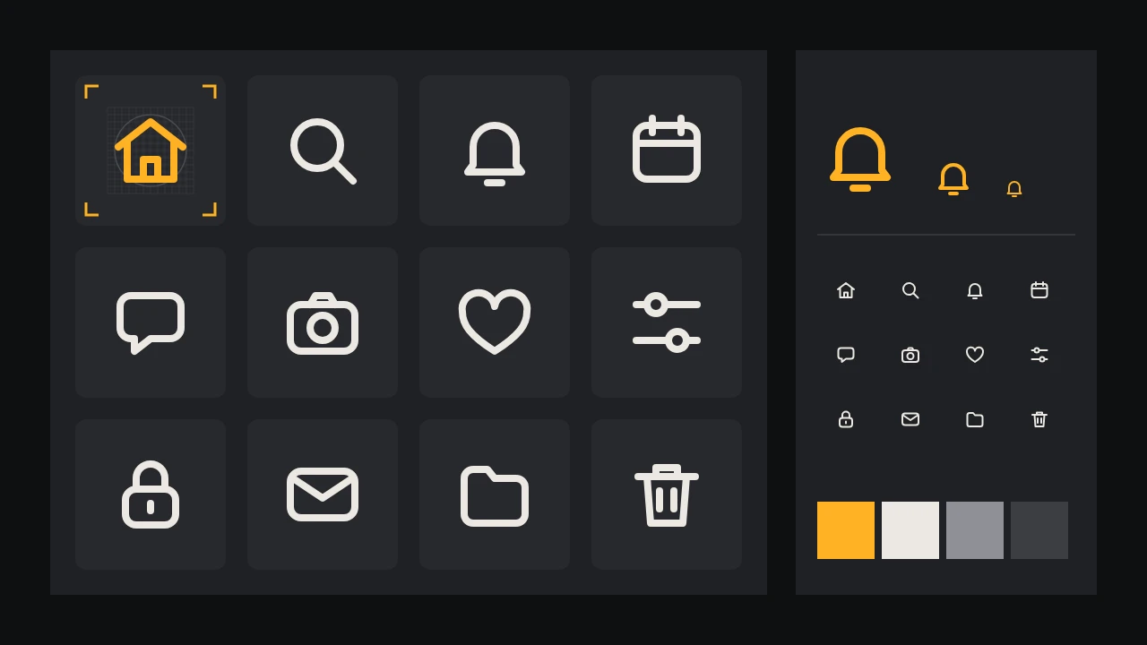 On a carbon ground, a panel of twelve rounded tiles, each holding a cream line icon such as a house, a magnifier, a bell and a padlock, the first one amber over a fine keyline grid with amber corner marks; beside it the bell shown at three shrinking sizes, all twelve icons repeated very small, and four palette swatches