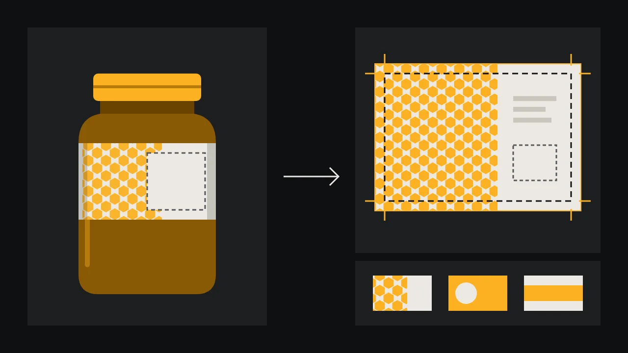 On a carbon ground, an amber honey jar wears a cream label band with amber hexagons and an empty dashed panel, an arrow points to the same label laid flat with a dashed cut line, a thin amber bleed edge, crop marks and an empty box for the barcode, and three small label variations sit below