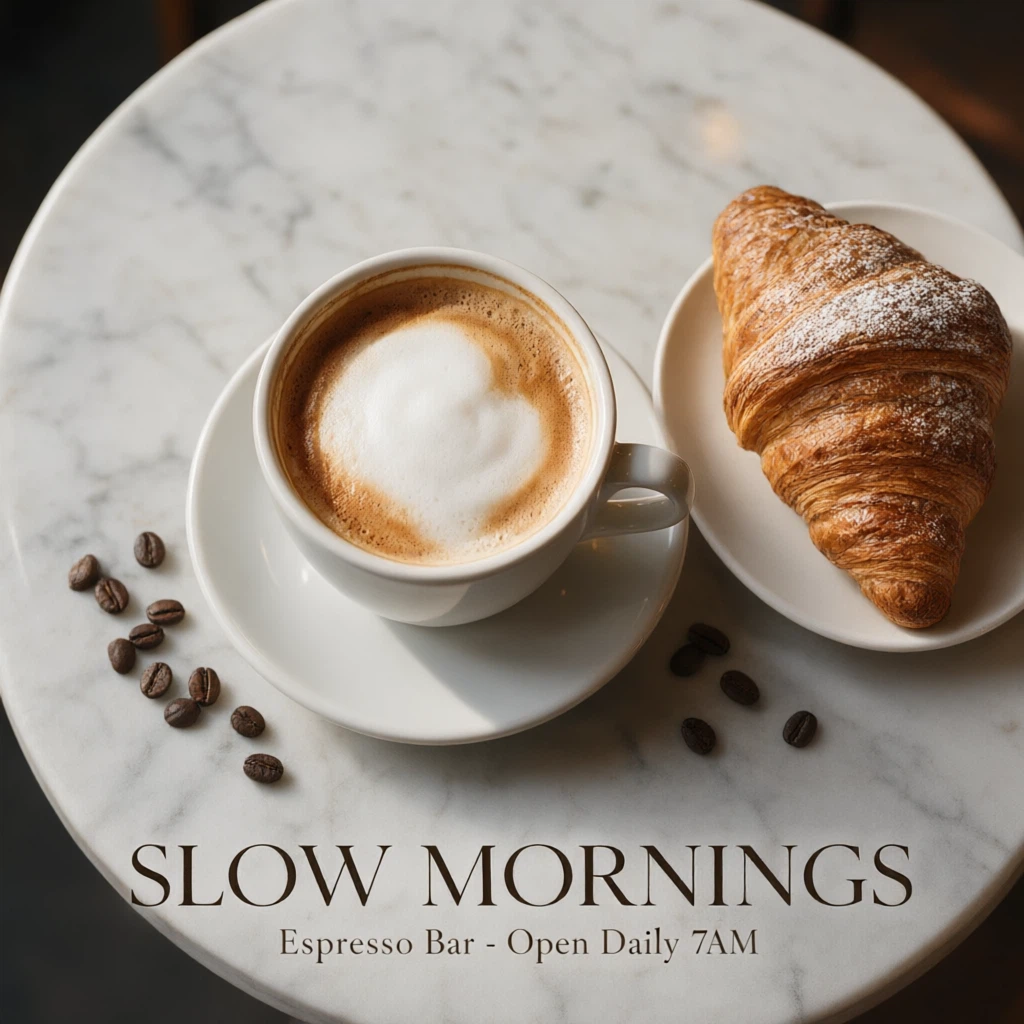 Qwen Image 3.0 Edit: Turn this coffee into an ad for a cafe: add a flaky croissant on a small plate beside the cup, scattered coffe