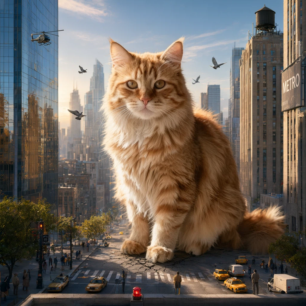 Qwen Image 3.0 Pro Edit: Transform the cat into a colossal creature sitting between city skyscrapers while preserving its exact face, f