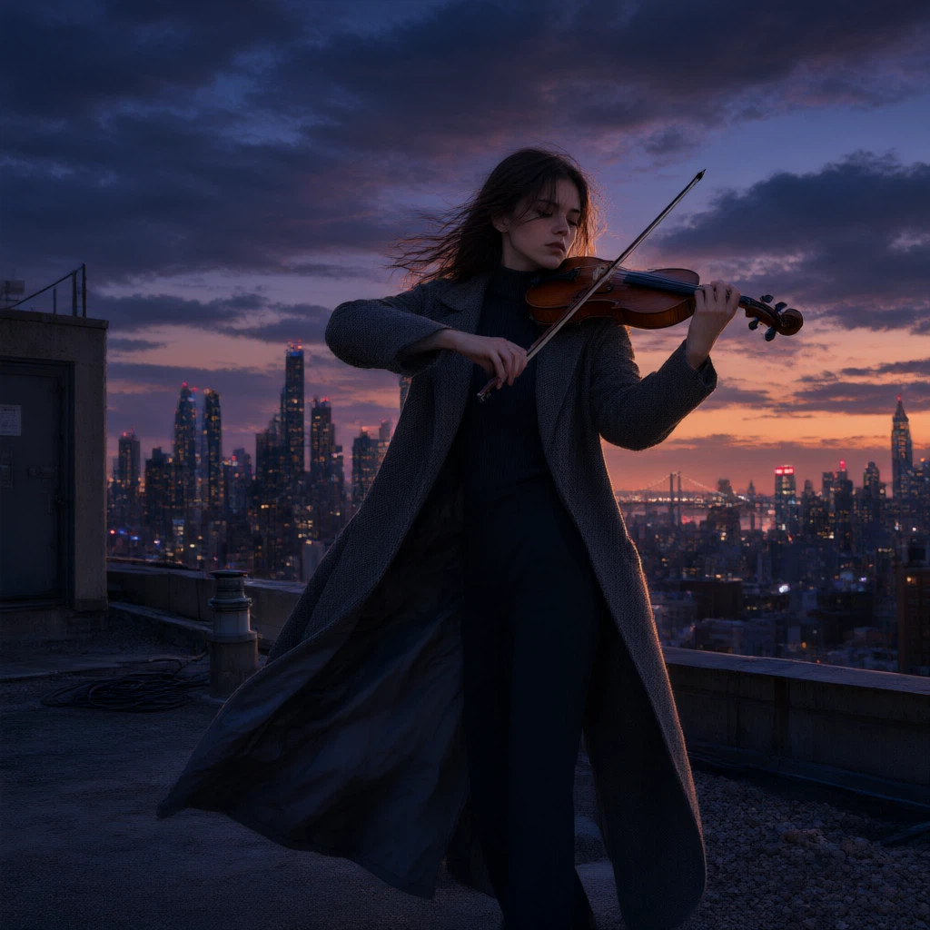 Qwen Image 3.0 Text-to-Image: A young violinist performing alone on a rooftop at twilight, city skyline glowing behind her, wind moving her 