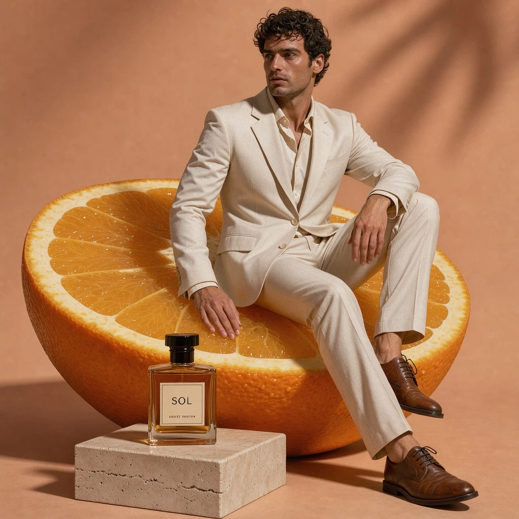 Flux 3 Text-to-Image: A surreal luxury fragrance campaign photographed like a real fashion editorial. A stylish male model with curl
