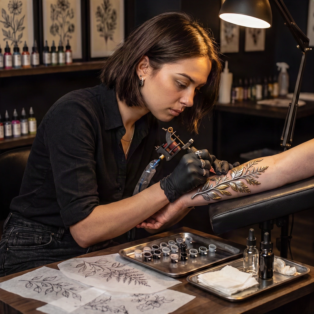 V3 Edit: Transform the botanical tattoo on the client’s forearm into an intricate raised metallic relief made of brushe