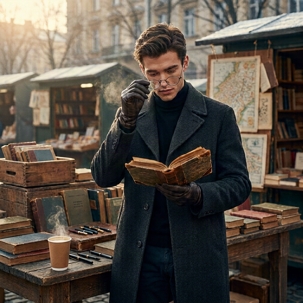 V3 Text-to-Image: A handsome young man browsing an old outdoor book market in the early morning, wearing a charcoal wool coat, b