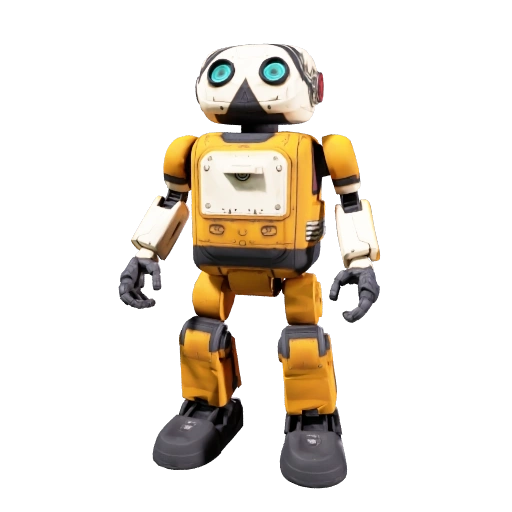 V6 Retexture: Retexture the robot as a retro space courier. Warm mustard-yellow enamel body panels, cream-colored head and c