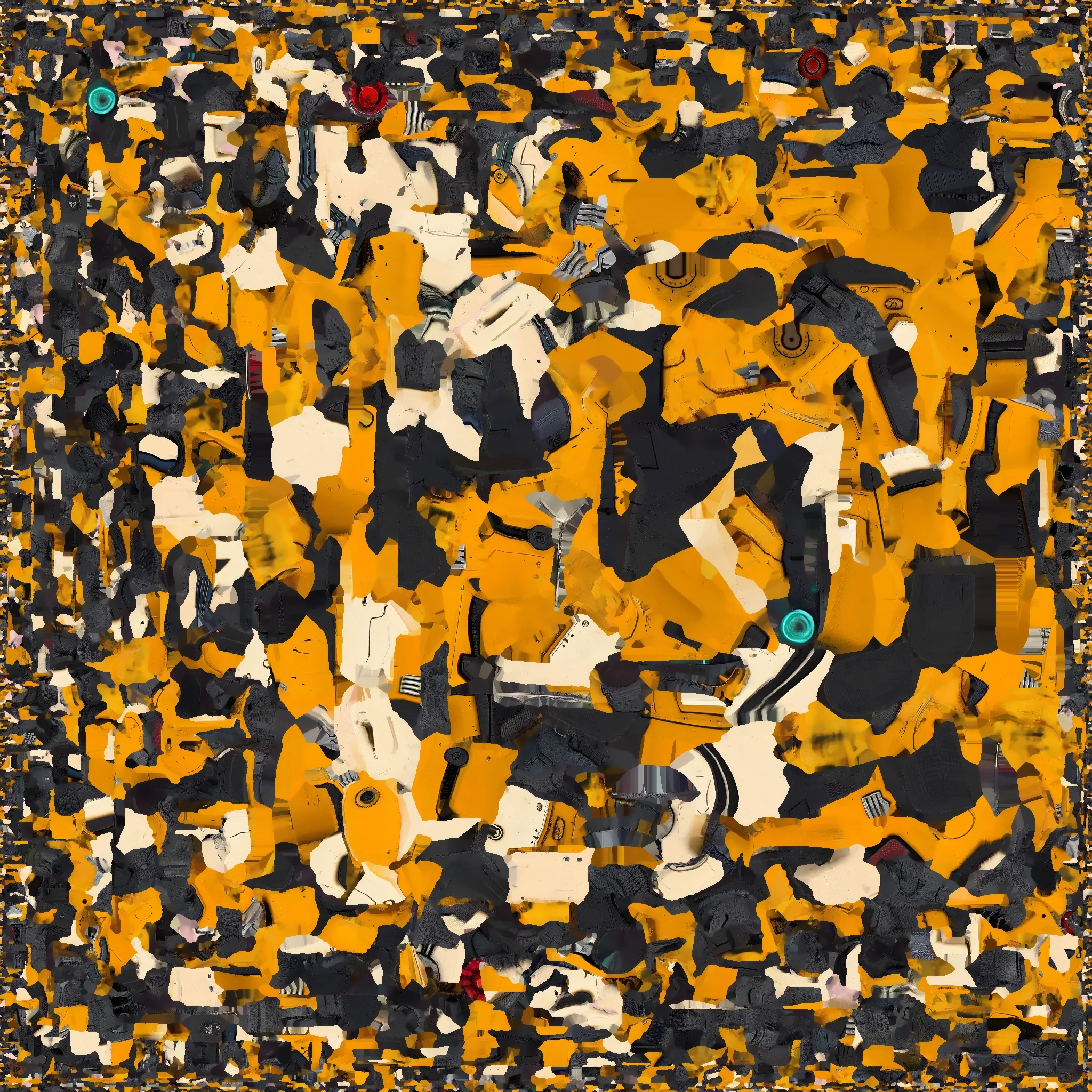 V6 Retexture: Retexture the robot as a retro space courier. Warm mustard-yellow enamel body panels, cream-colored head and c