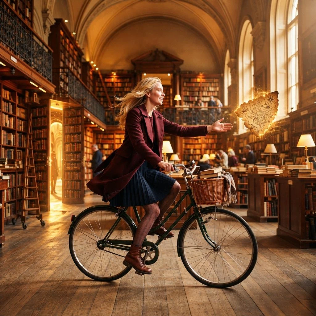 GPT Image 2.5 Flare Edit: Transform the flying page into an ancient glowing map fragment while preserving the woman’s face, bicycle, mot