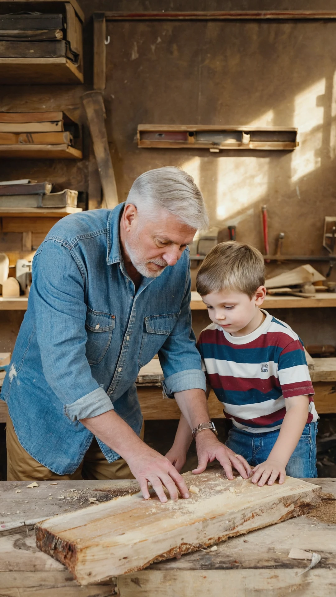 Gen4 Image: In a dusty, cluttered garage filled with old books and woodworking tools, a kind grandfather is bending over, 